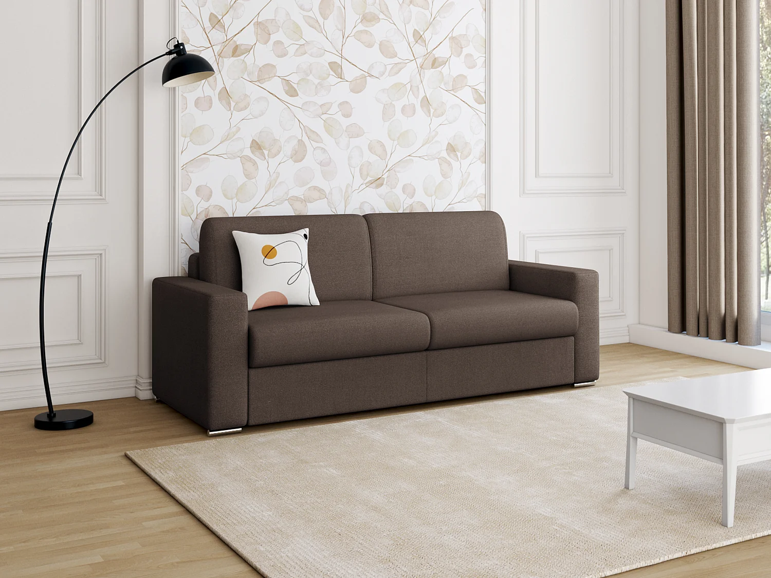 Canapé 4 places convertible express en tissu marron - Couchage lattes larges 160 cm - Matelas 18 cm CALITO