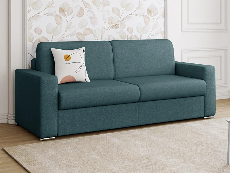 Canapé 4 places convertible express en tissu bleu - Couchage lattes larges 160 cm - Matelas 14 cm CALITO