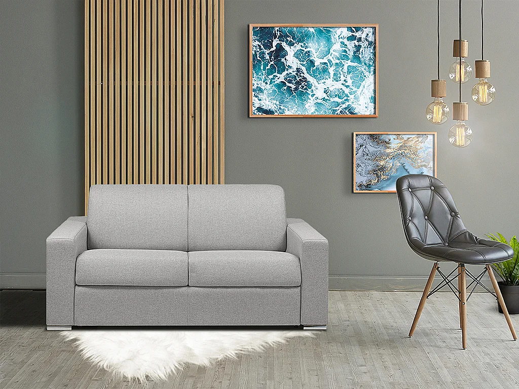 Canapé 2 places convertible express en tissu gris - Couchage lattes larges 120 cm - Matelas 18 cm CALITO