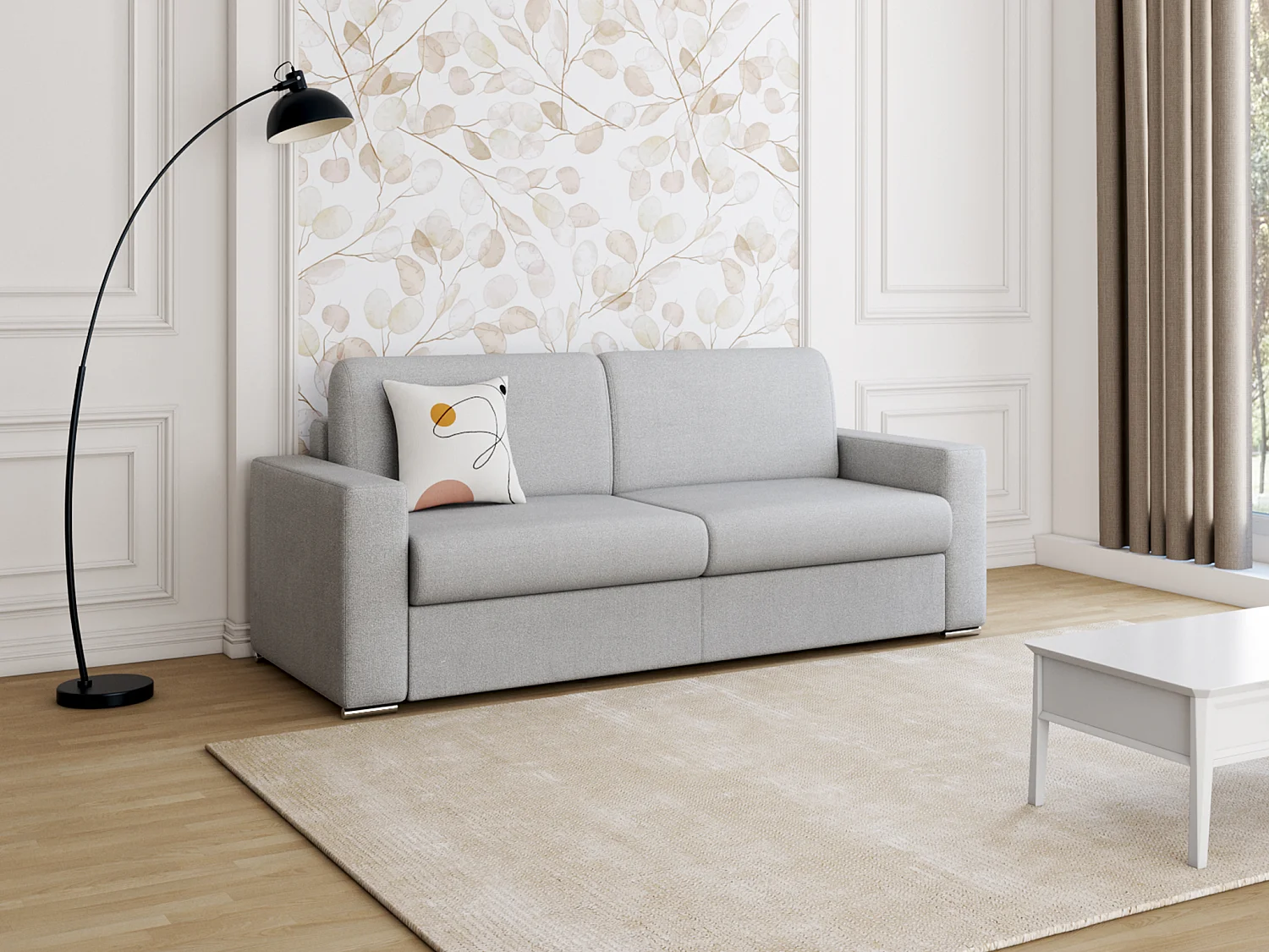 Canapé 4 places convertible express en tissu gris - Couchage lattes larges 160 cm - Matelas 18 cm CALITO