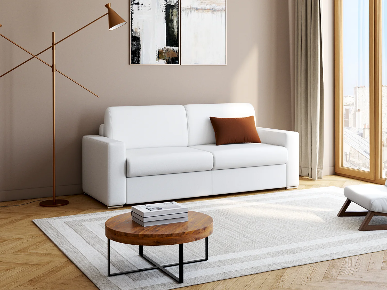 Canapé 4 places convertible express en simili blanc - Couchage lattes larges 160 cm - Matelas 18 cm CALITO