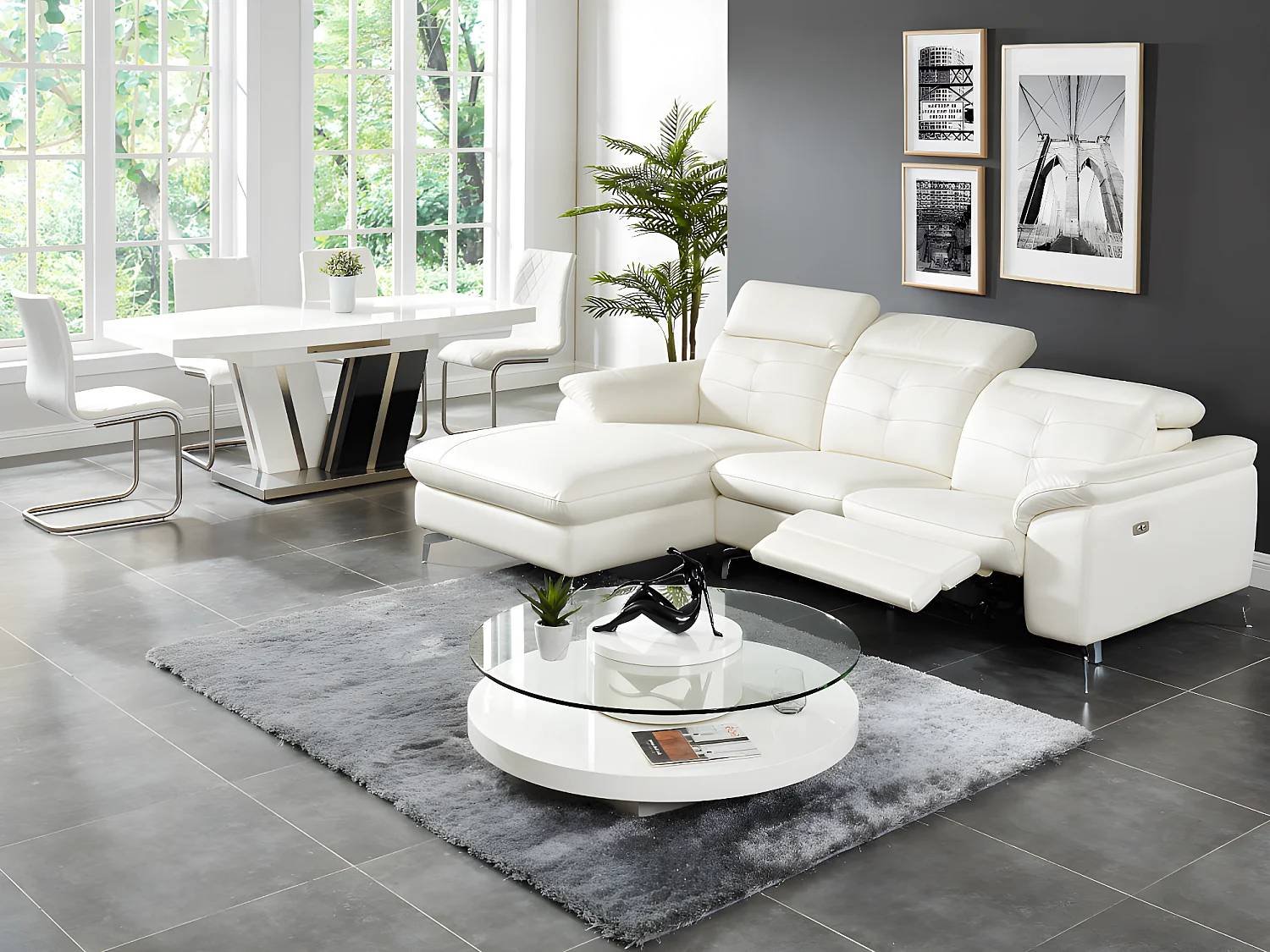 Divano angolare relax elettrico in pelle di bufalo Bianco - Angolo a destra - LISMORE