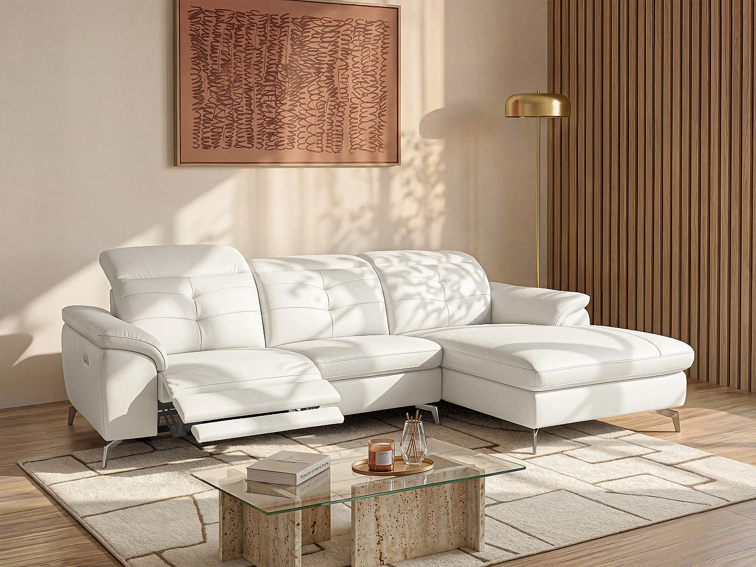 Divano angolare relax elettrico in pelle di bufalo Bianco - Angolo a destra - LISMORE