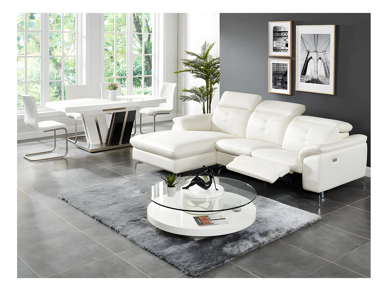 Divano angolare relax elettrico in pelle di bufalo Bianco - Angolo a sinistra - LISMORE