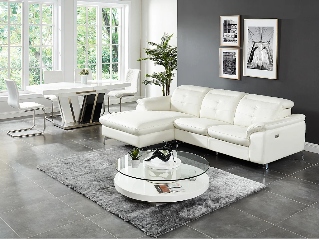 Canapé d'angle relax électrique en cuir de buffle LISMORE - Ivoire - Angle gauche