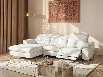Left-hand electric recliner buffalo leather corner sofa - Ivory - LISMORE
