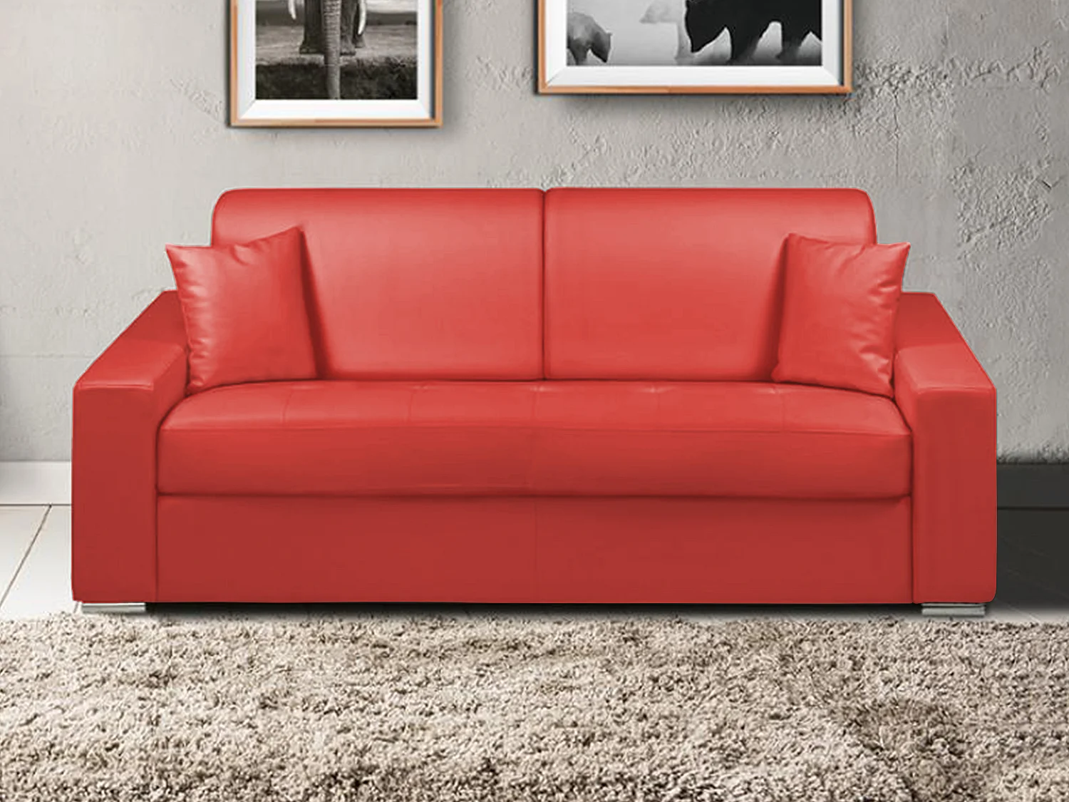 Canapé 3 places convertible express en simili EMIR - Rouge - Couchage 140 cm - Matelas 14 cm