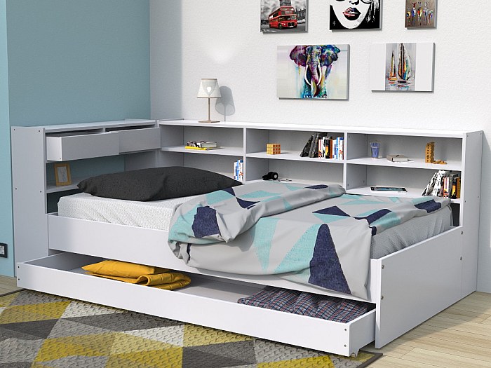 Cama con cajones y estanterías 90x190 blanco RENATO II