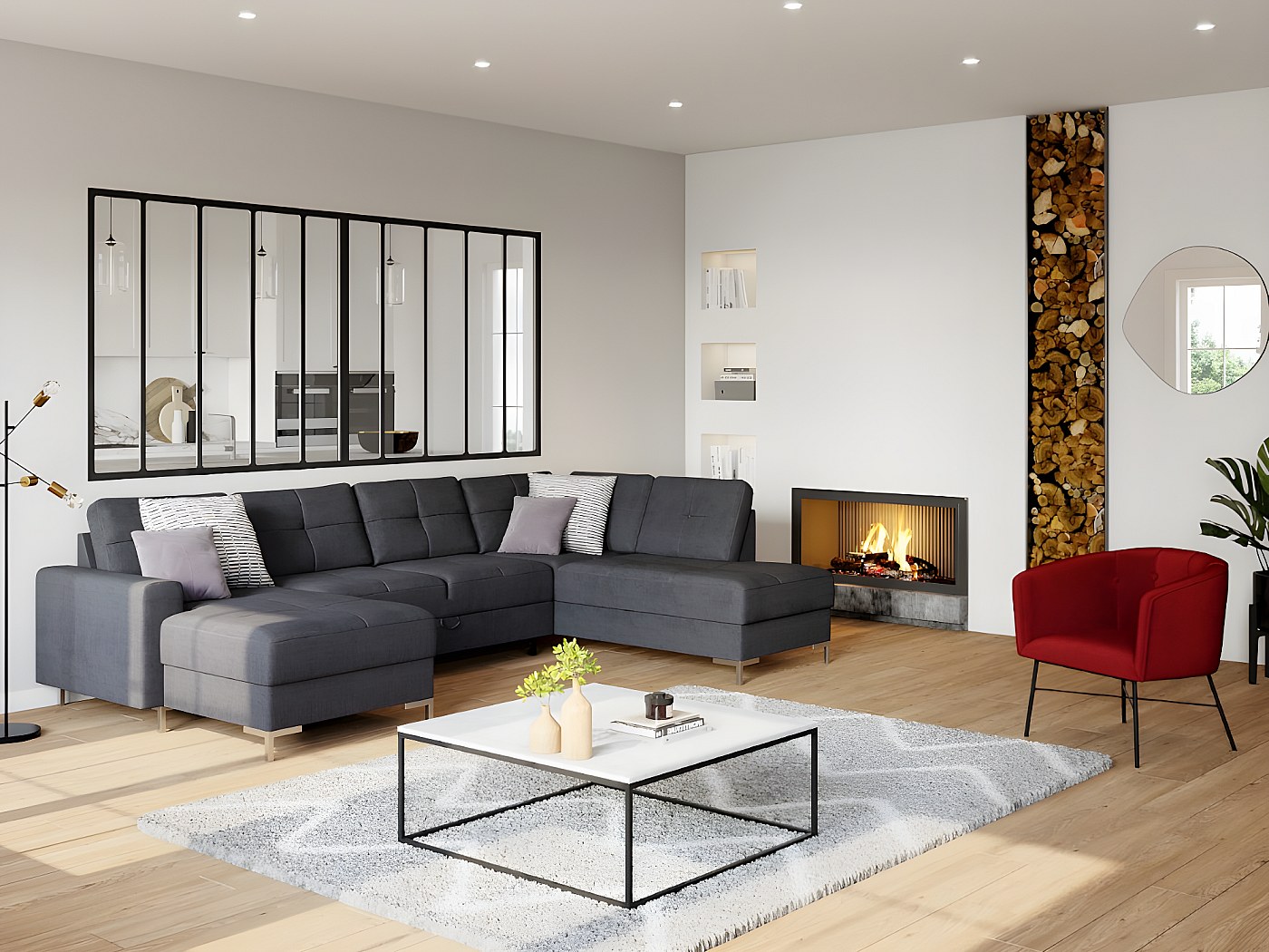 Sofá cama rinconero der. panorámico JENSEN tela antracita