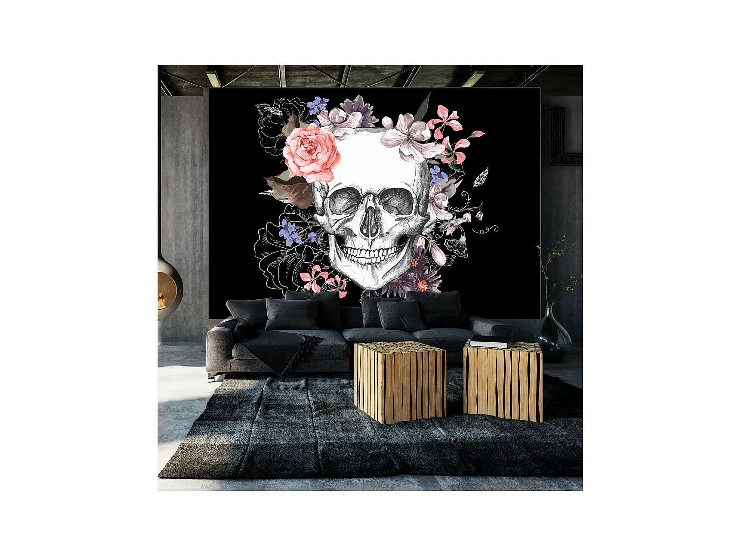 Papier Peint "Skull & Flowers" 105 x 150 cm