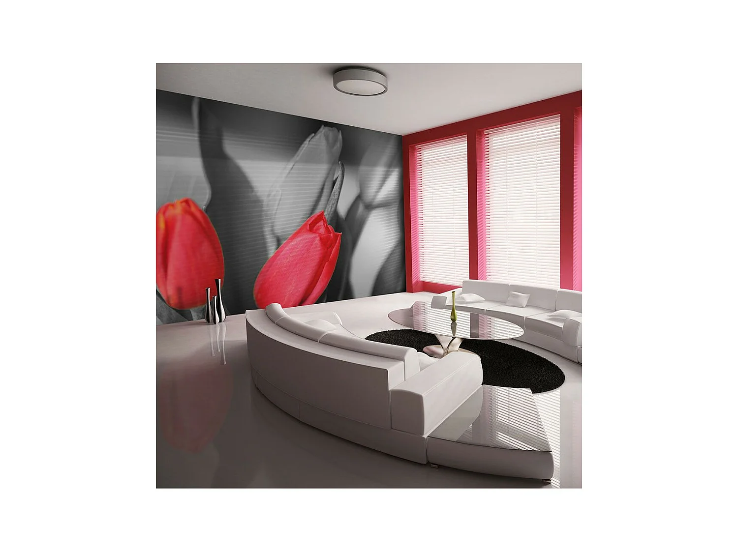 Papier Peint "Tulipes Rouges sur Fond Noir & Blanc" 231 x 300 cm