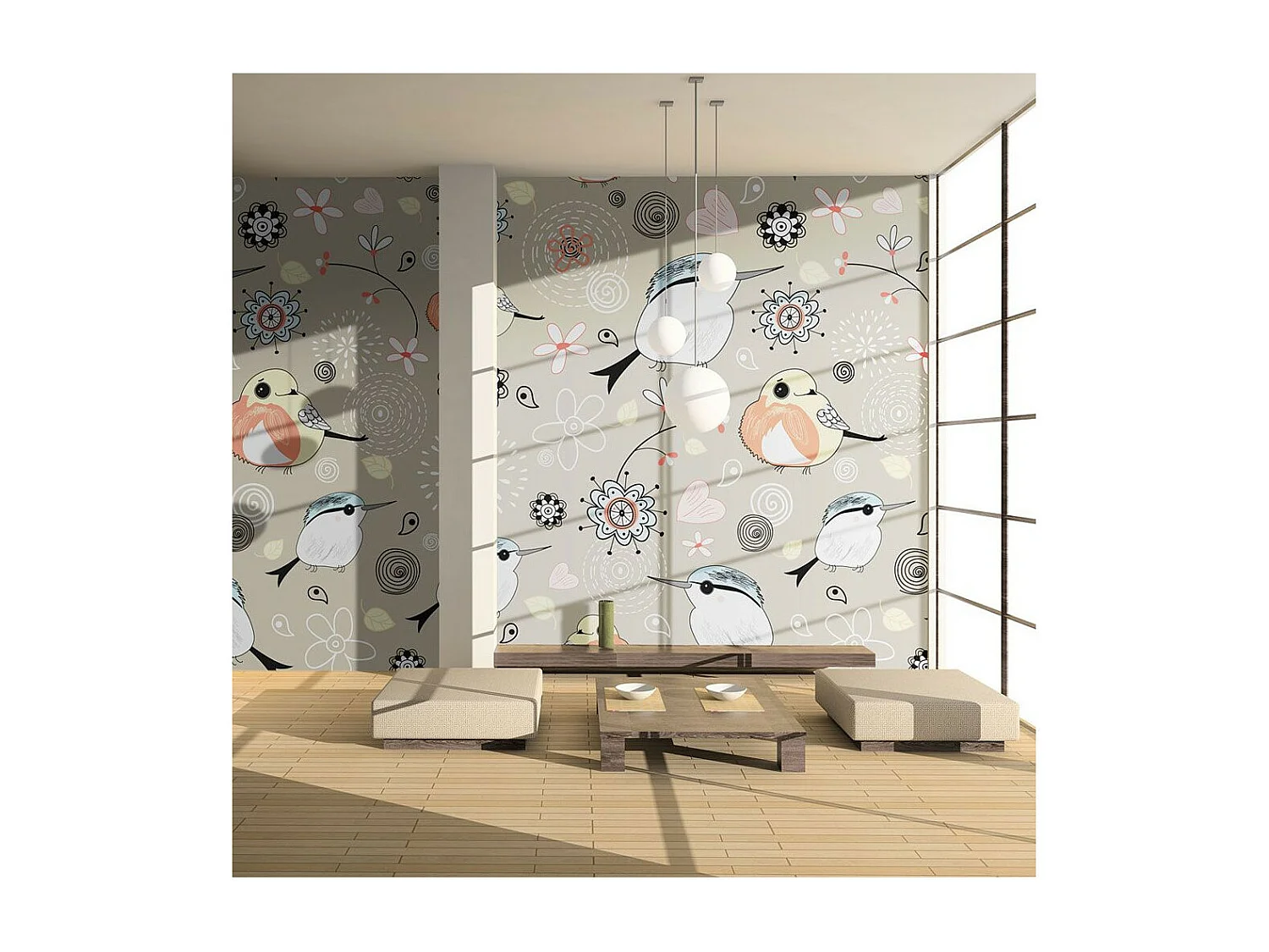 Papier Peint "Oiseaux sur Fond Rose" 231 x 300 cm