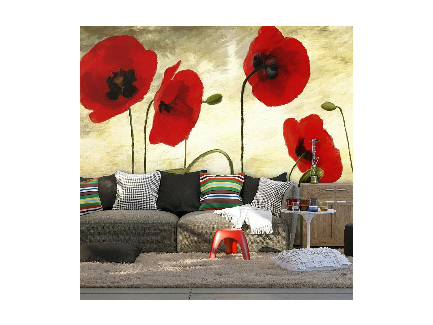 Papier Peint "Coquelicots Peints à l'acrylique" 154 x 200 cm