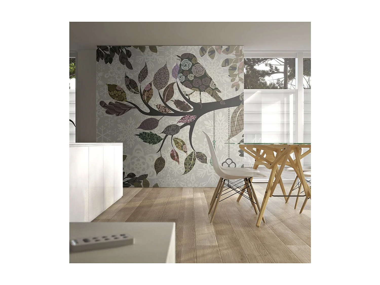 Papier Peint "Oiseau sur Branche Patchwork" 154 x 200 cm