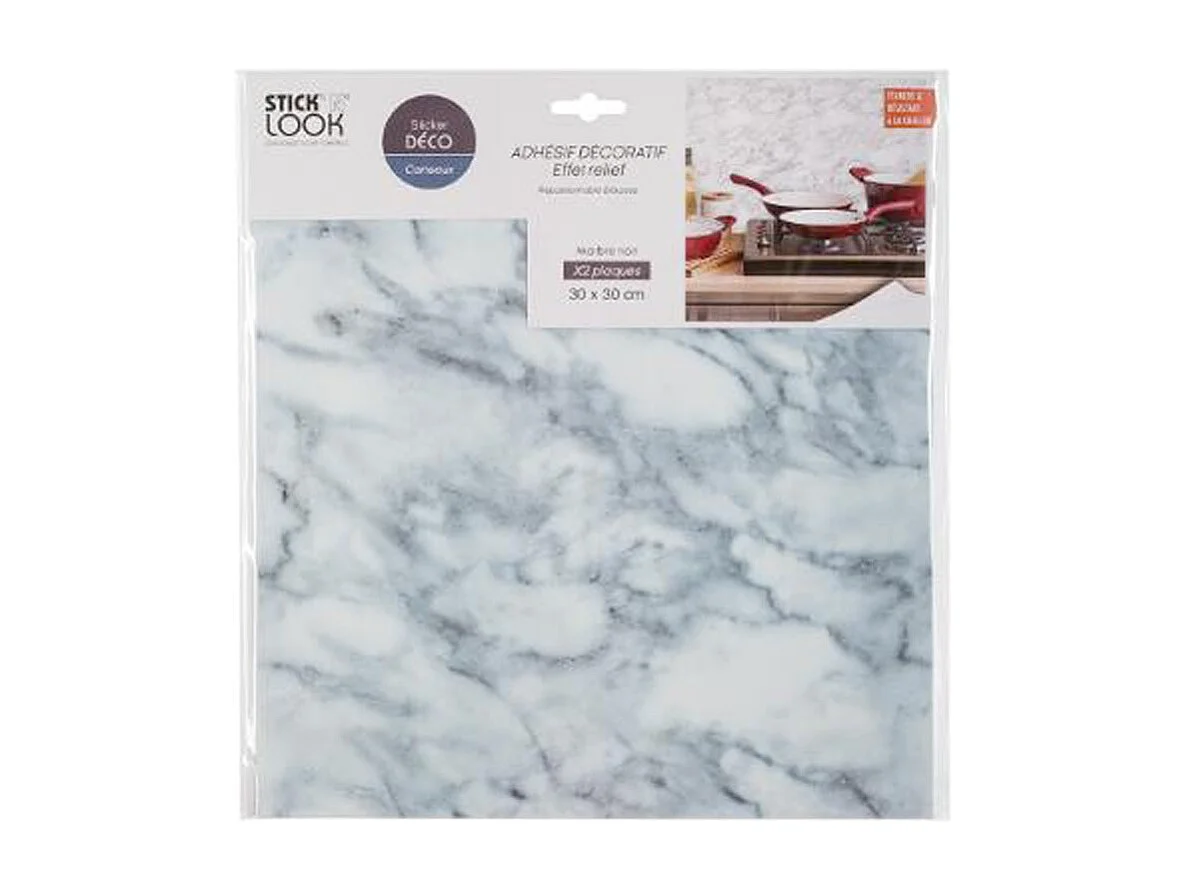 Lot de 2 Stickers Effet Marbre "Plaque" 30x30cm Blanc