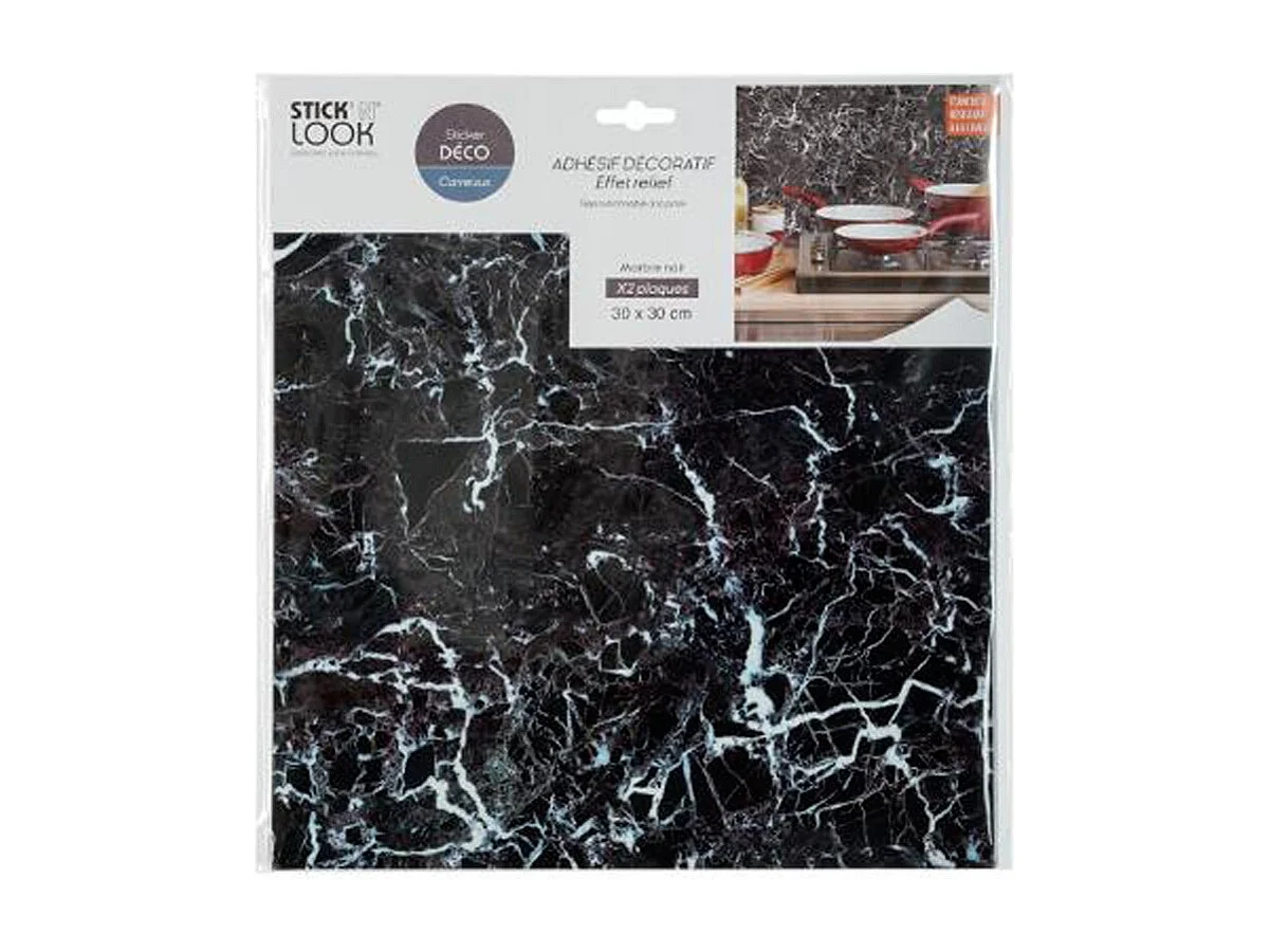 Lot de 2 Stickers Effet Marbre "Plaque" 30x30cm Noir