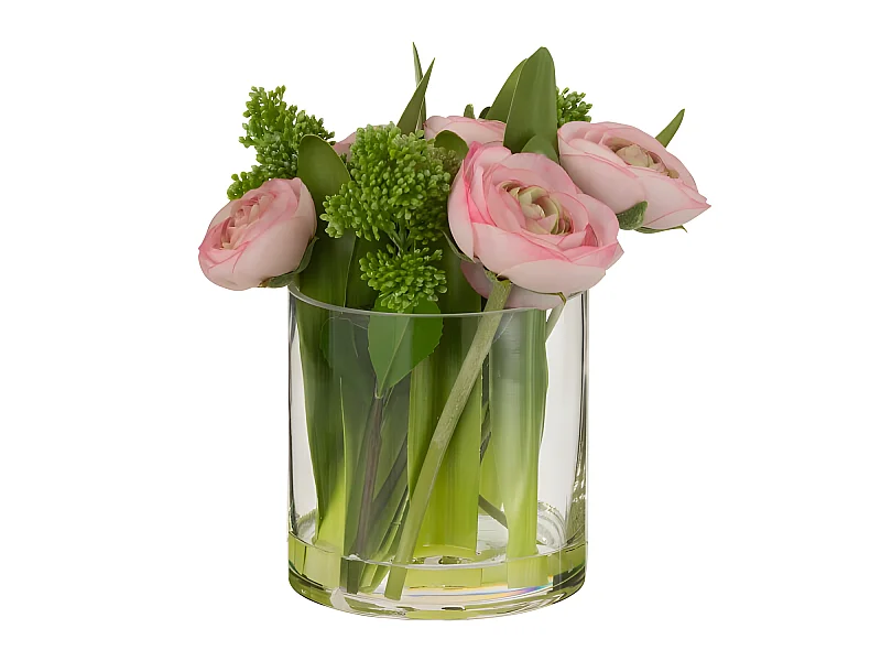 Ranúnculo de flores en jarrón de plástico en textil rosa 21x20x23 cm