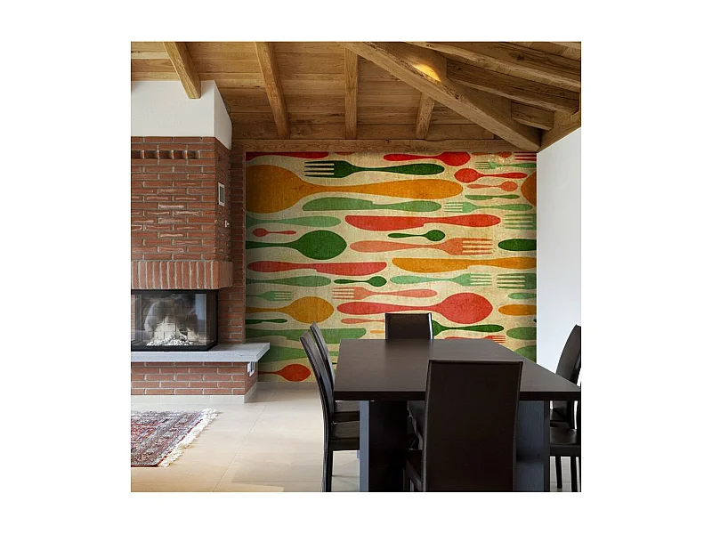 Papier Peint "Couverts en Vert & Orange" 231 x 300 cm