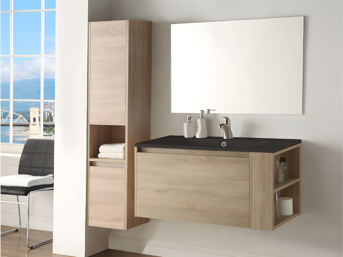 Mueble baño lavabo columna BEHATI Efecto madera y negro