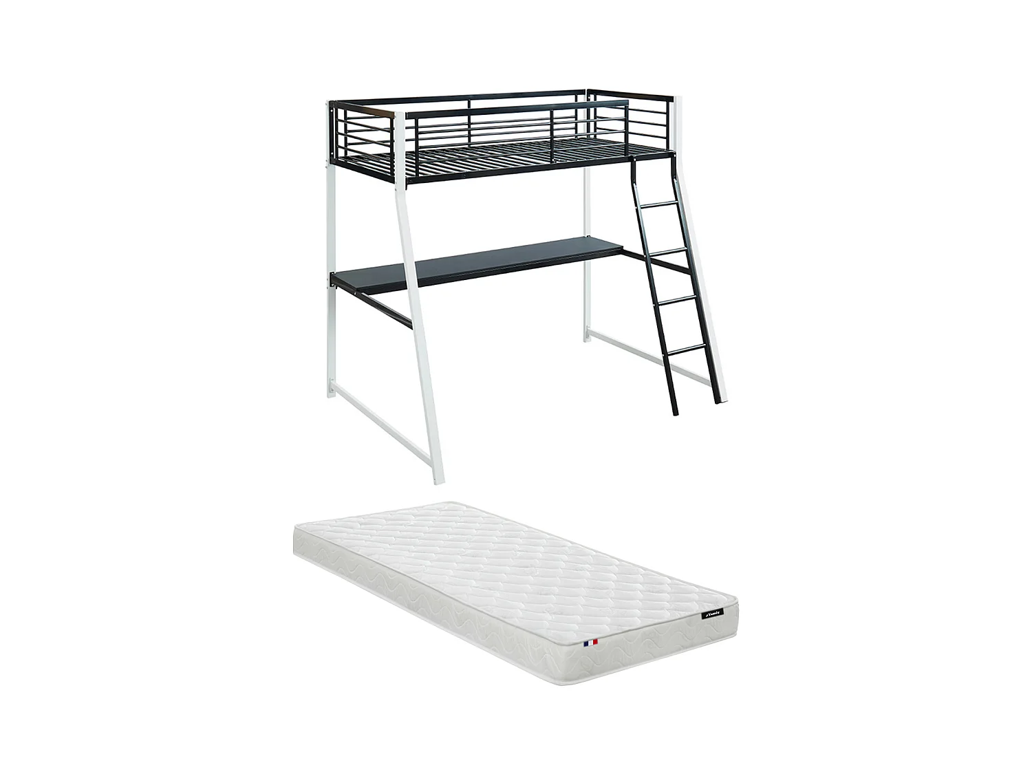 Cama mezzanine com secretária de canto integrada 90x190 cm Preta e branca MALICIA + colchão 90x190 cm ZEUS