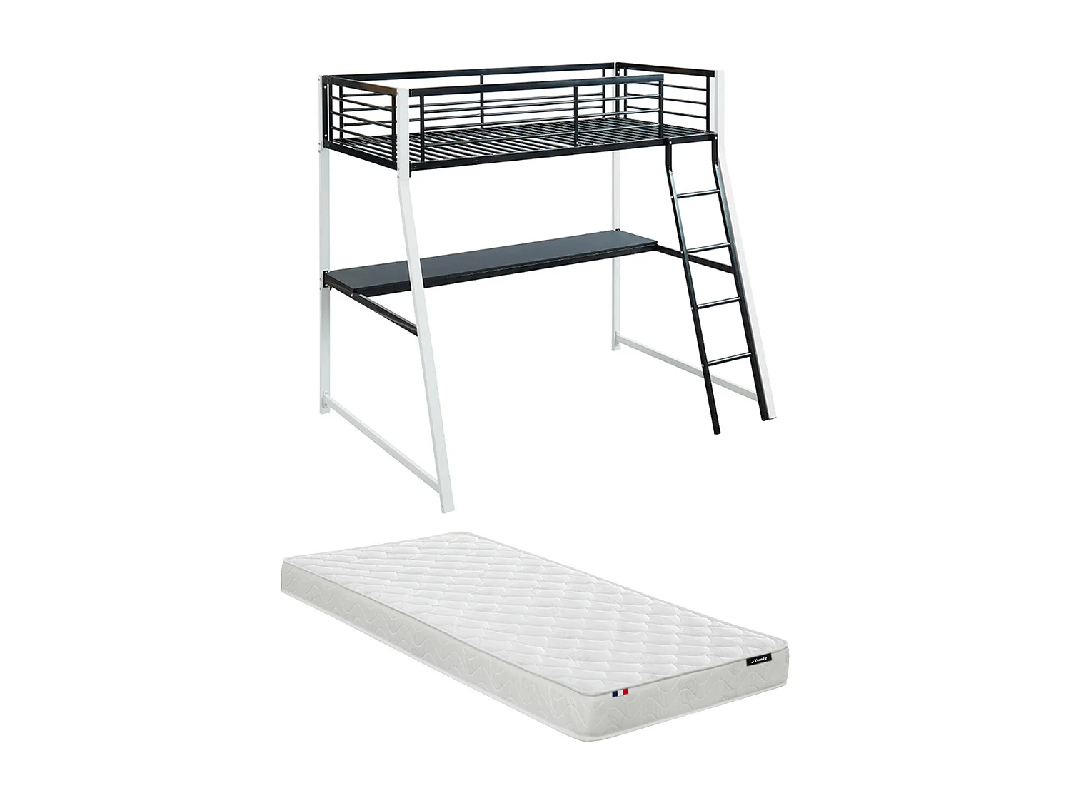 Lit mezzanine MALICIA - 90 x 190 cm - bureau intégré - Noir et blanc + matelas
