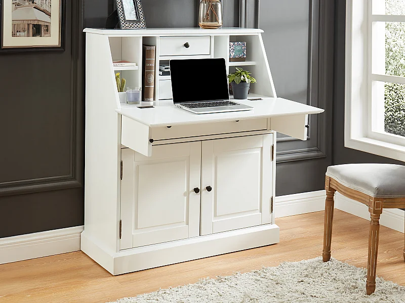 Secrétaire en pin et MDF - Coloris : Blanc - CLEORE