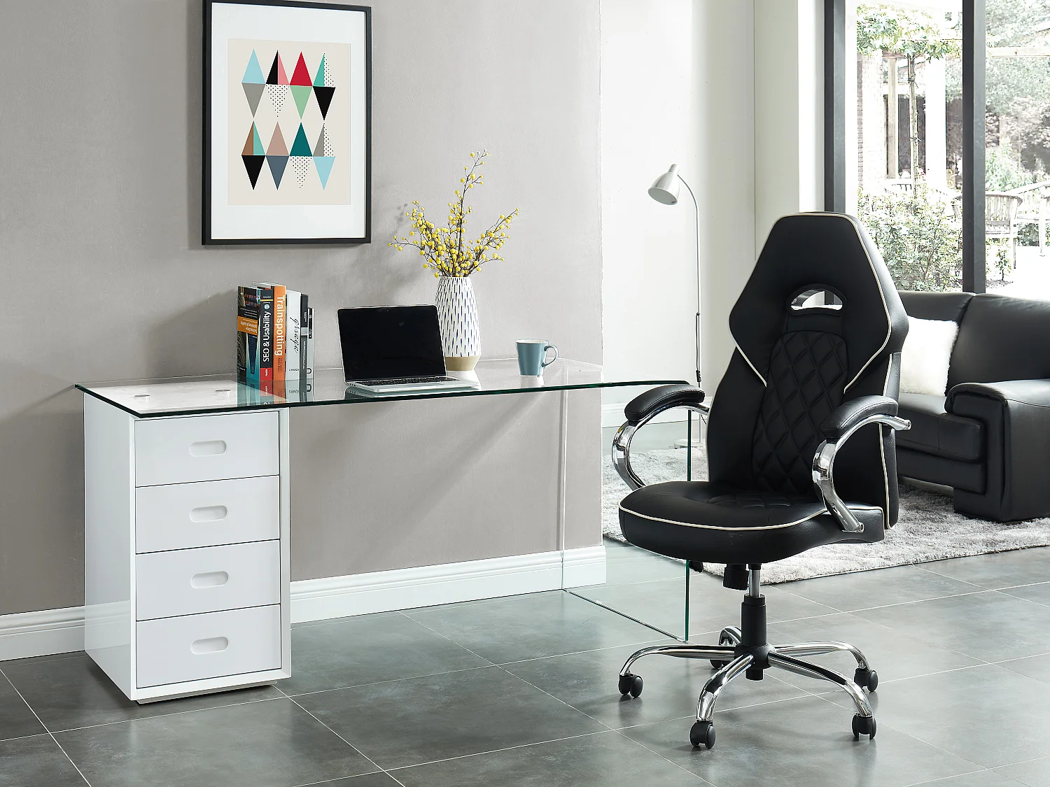 Bureau MURIEL avec rangements - 4 tiroirs - Verre trempé & MDF