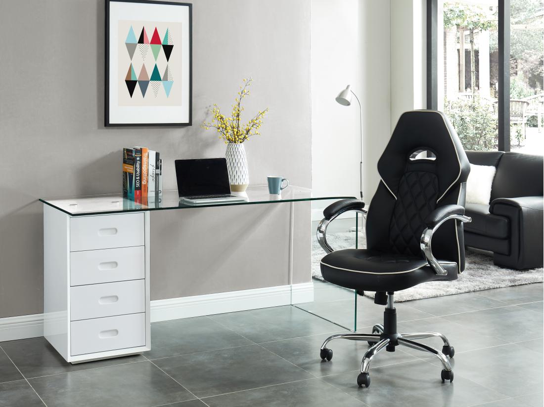 vente unique Bureau MURIEL avec rangements - 4 tiroirs - Verre trempé & MDF