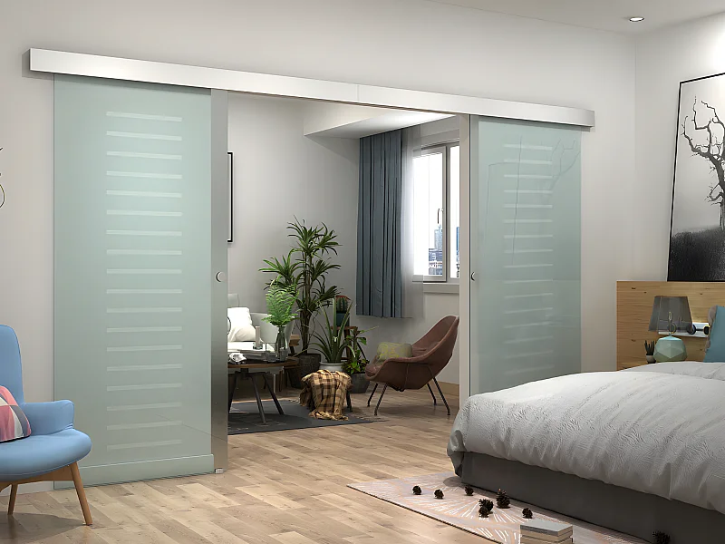 Porte coulissante double avec système en applique - 2 x H205 x L83 cm - Verre trempé dépoli - ASTANA