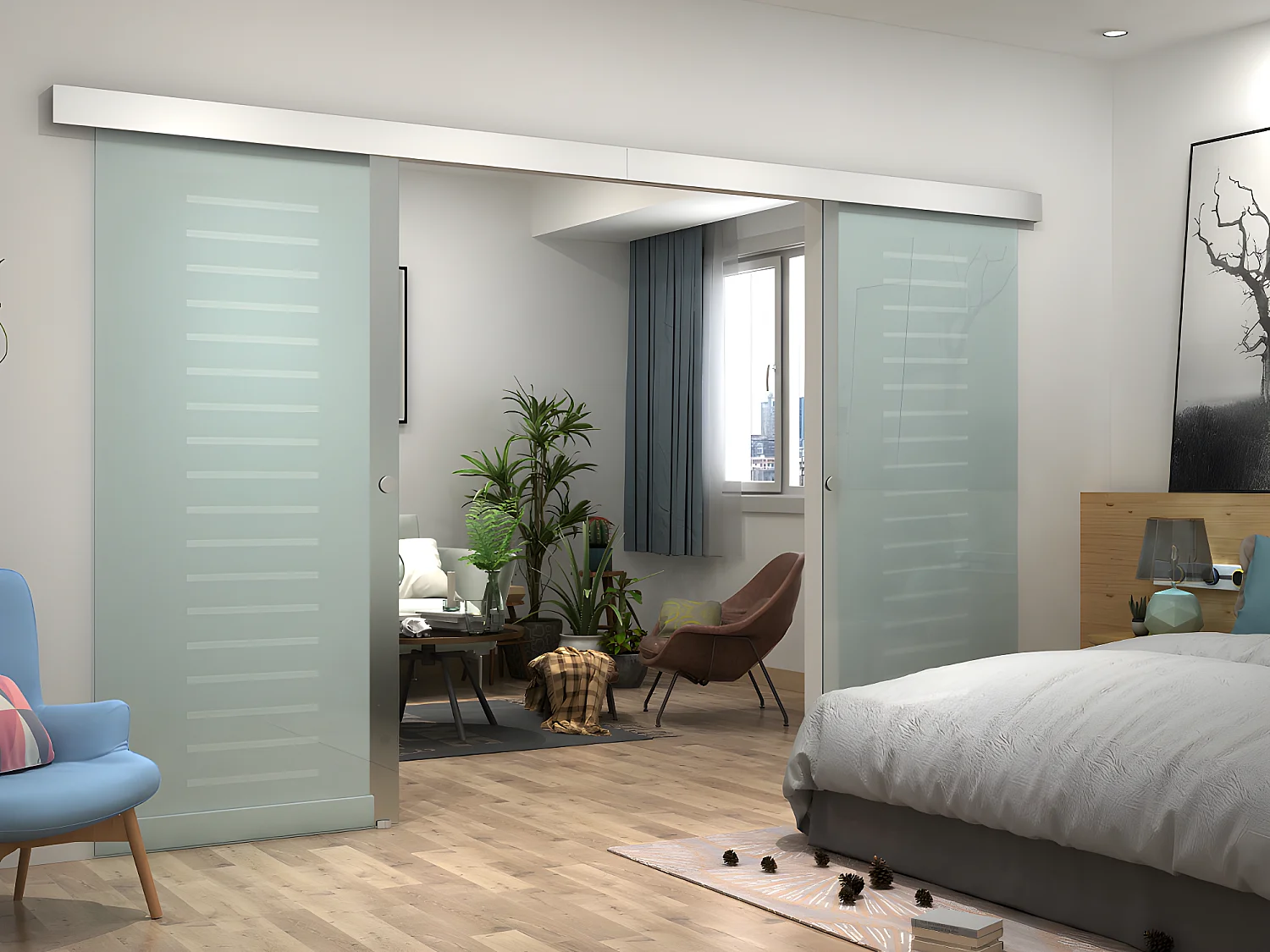 Porte coulissante double avec système en applique - 2 x H205 x L83 cm - Verre trempé dépoli - ASTANA