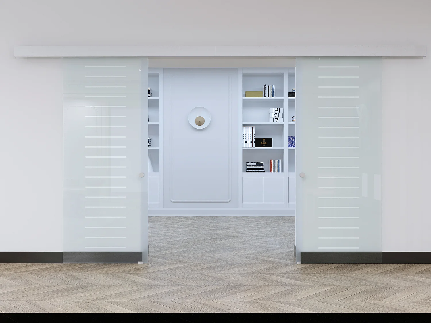 Porte coulissante double avec système en applique - 2 x H205 x L83 cm - Verre trempé dépoli - ASTANA