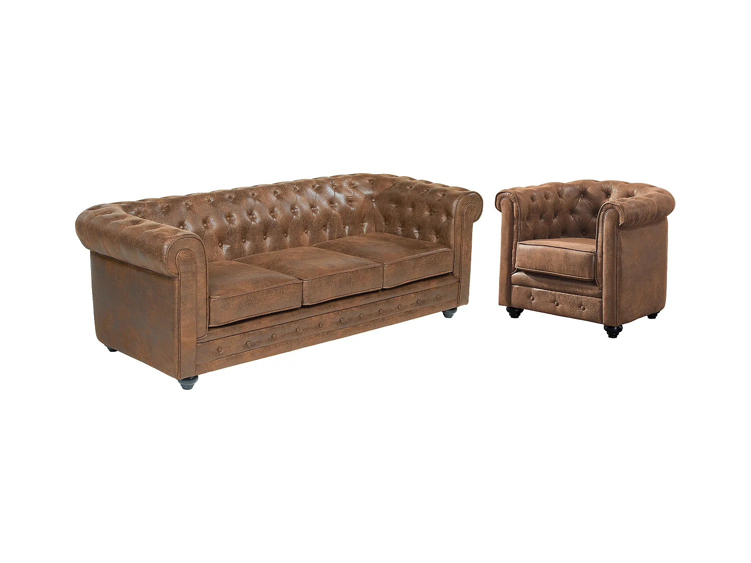 Kanapa 3-osobowa i fotel CHESTERFIELD z mikrofibry o wyglądzie postarzanej skóry
