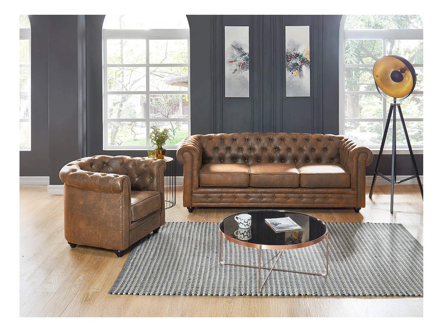 Kanapa 3-osobowa i fotel CHESTERFIELD z mikrofibry o wyglądzie postarzanej skóry