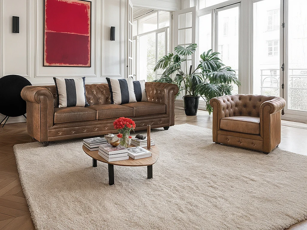 Canapé 3 places et fauteuil CHESTERFIELD en microfibre aspect cuir vieilli