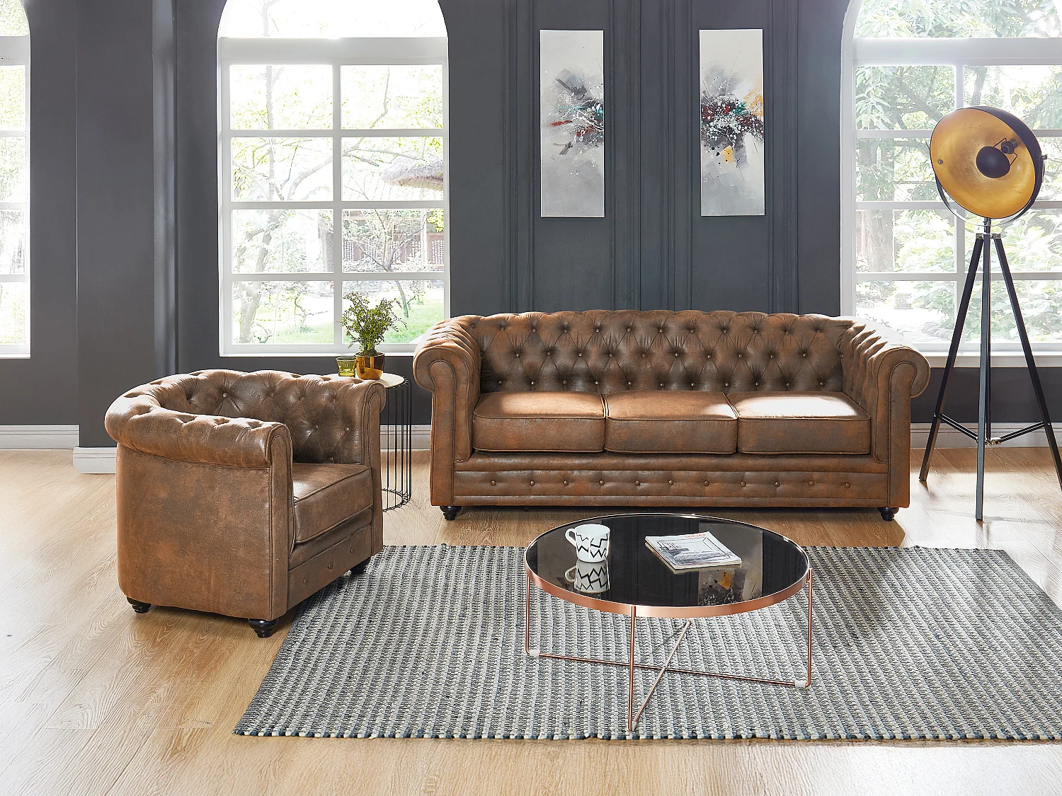 Canapé 3 places et fauteuil CHESTERFIELD en microfibre aspect cuir vieilli