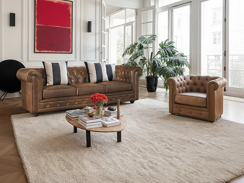 Lot de 2 Fauteuils CHESTERFIELD en microfibre aspect cuir vieilli