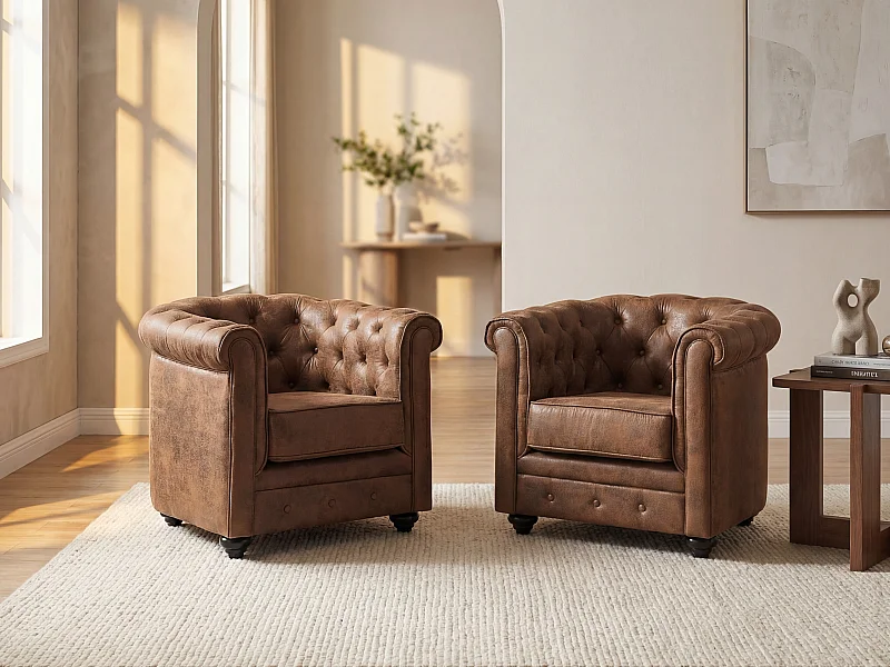 Lot de 2 Fauteuils CHESTERFIELD en microfibre aspect cuir vieilli