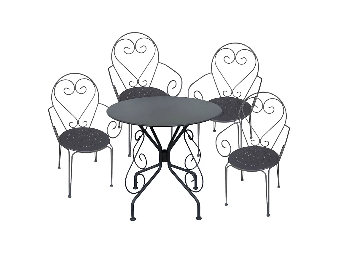 Sala de jantar de jardim em metal estilo ferro forjado: uma mesa e 4 cadeirões antracite - GUERMANTES