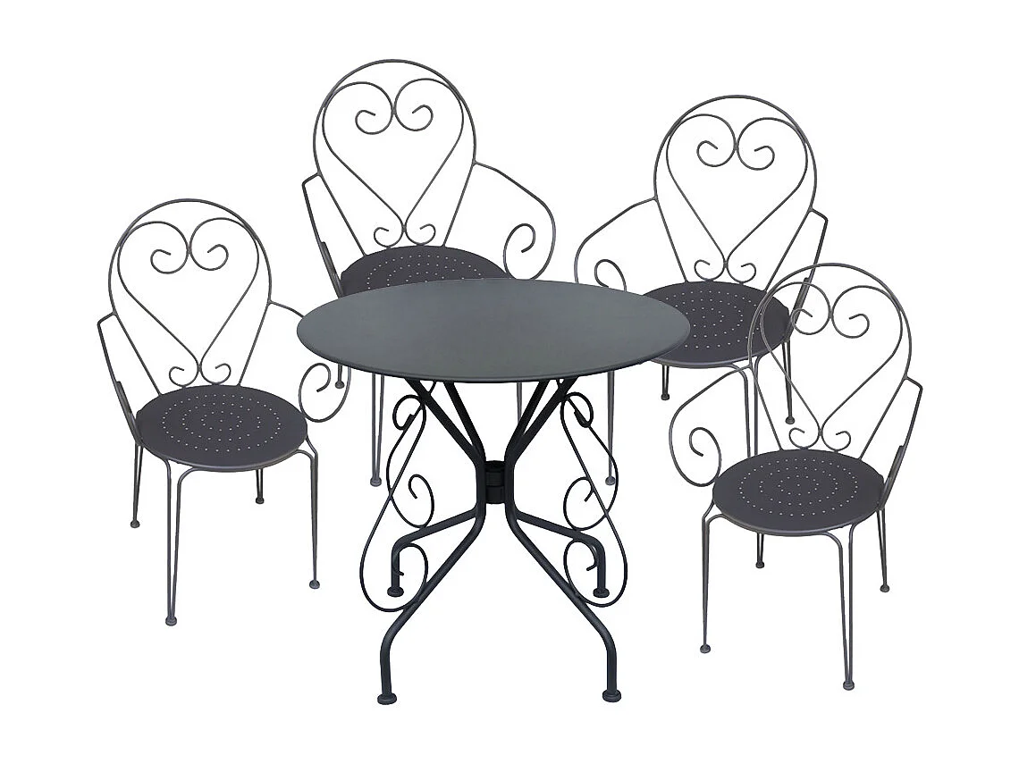 Tuinset met tafel en 4 stoelen van metaal met smeedijzer aspect - Antraciet - GUERMANTES