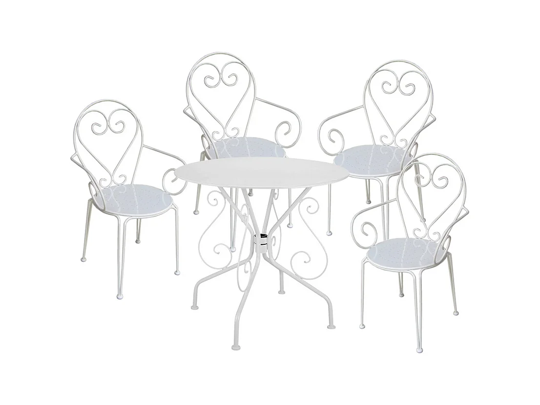 Garten-Essgruppe: Tisch + 4 stapelbare Sessel - Metall in Eisenoptik - Weiß - GUERMANTES von MYLIA