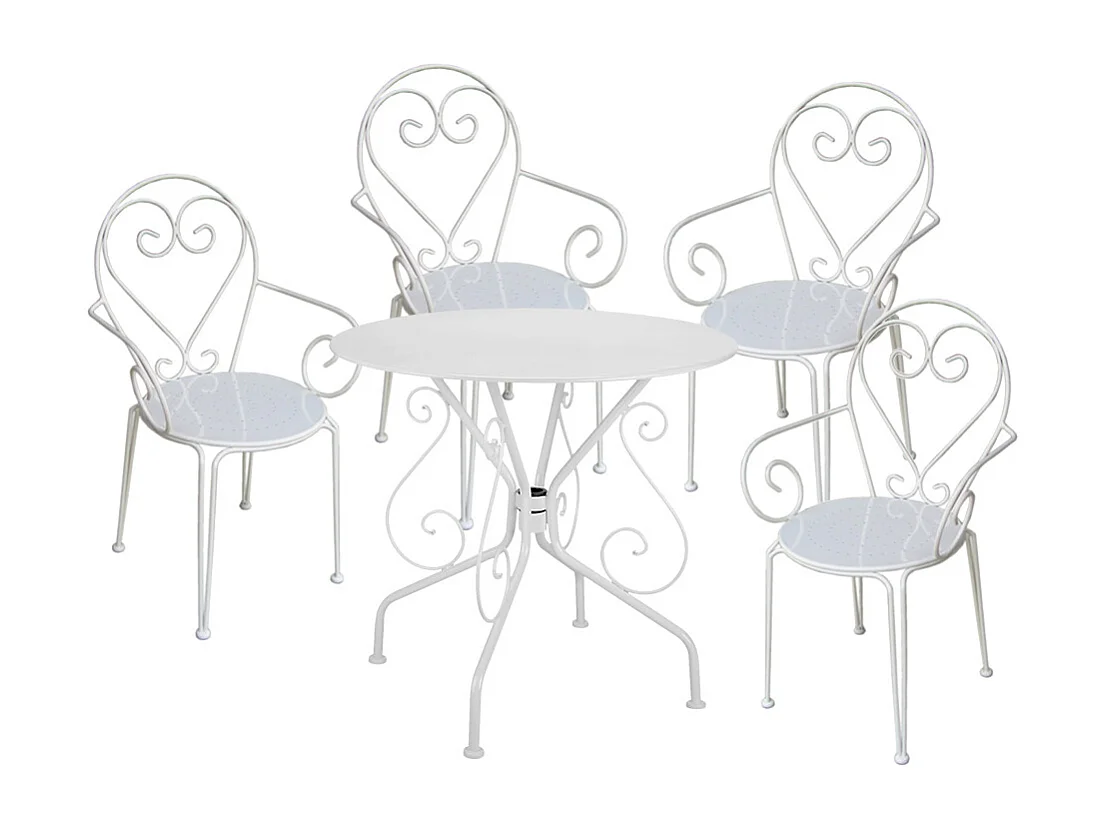 Garten-Essgruppe: Tisch + 4 stapelbare Sessel - Metall in Eisenoptik - Weiß - GUERMANTES von MYLIA