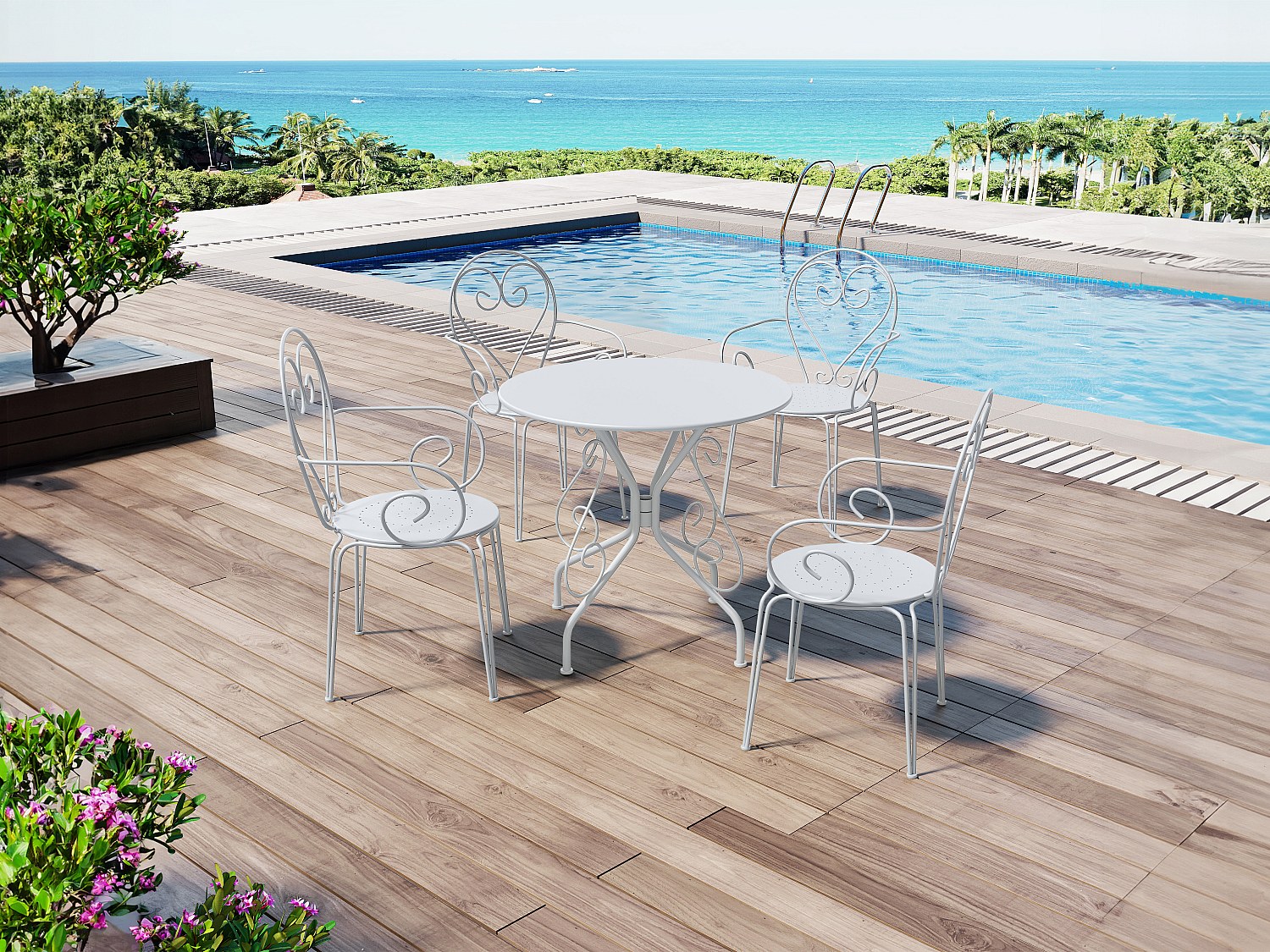 Vente-unique Garten-Essgruppe, Tisch + 4 Stapelbare Sessel - Metall In Eisenoptik - Weiß - Guermantes Von Mylia