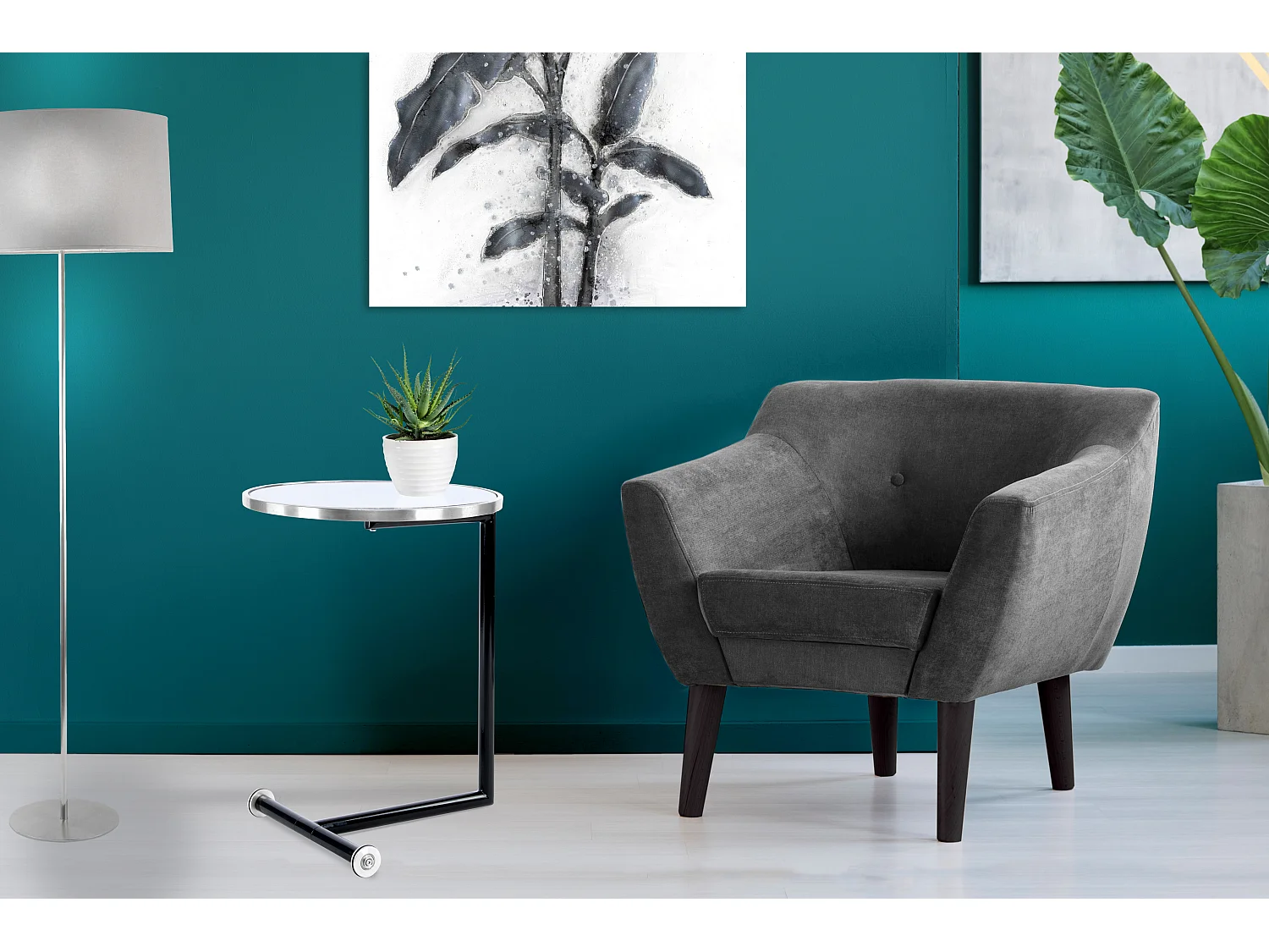 Table d'Appoint Design "Servant" 62cm Argent & Blanc