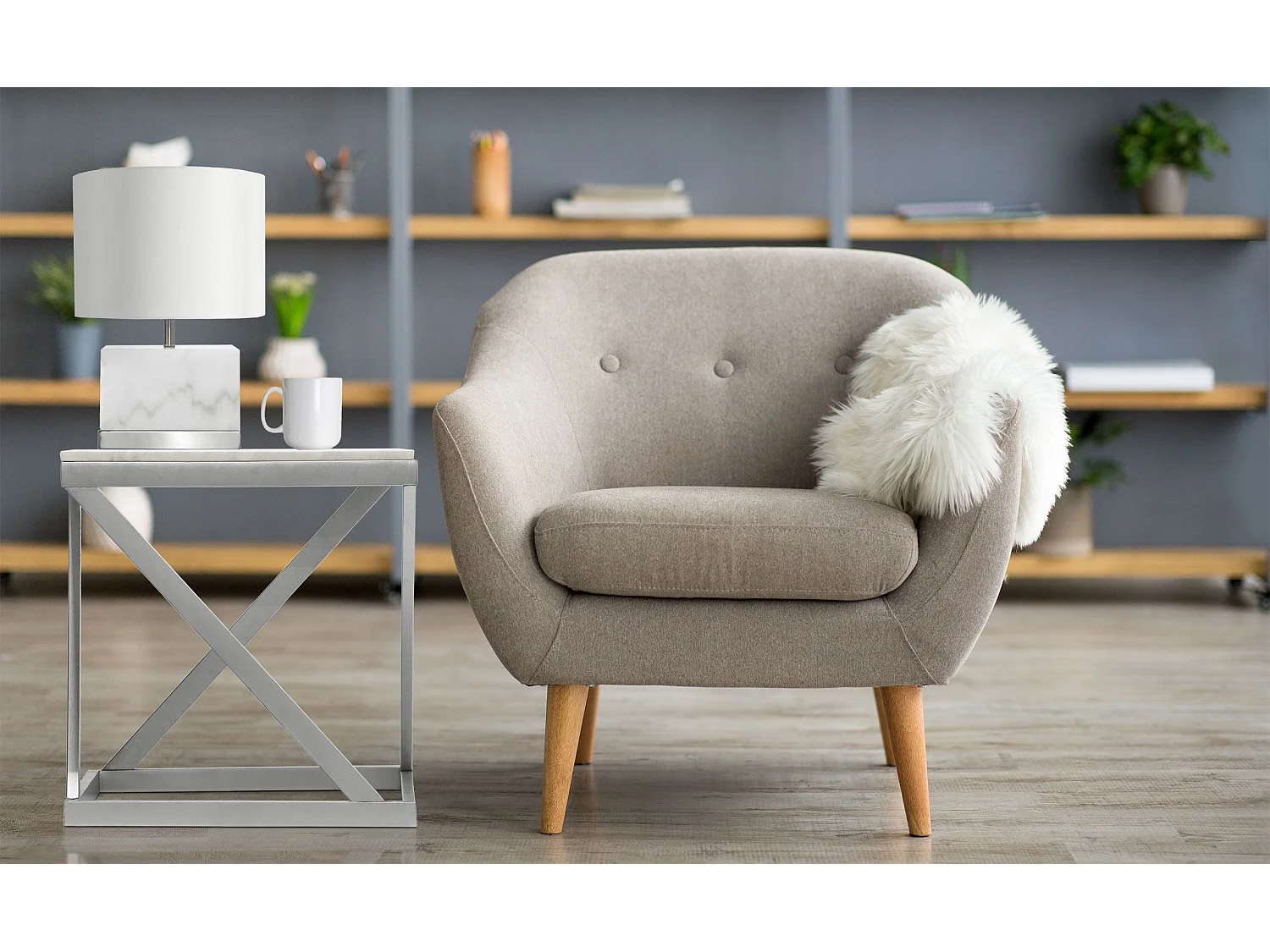 Table d'Appoint Design "Palamo" 57cm Argent & Blanc