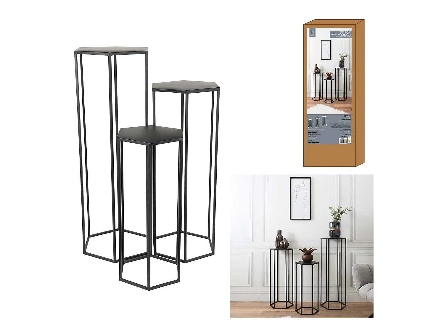 Lot de 3 Sellettes Gigognes "Métal" 90cm Noir