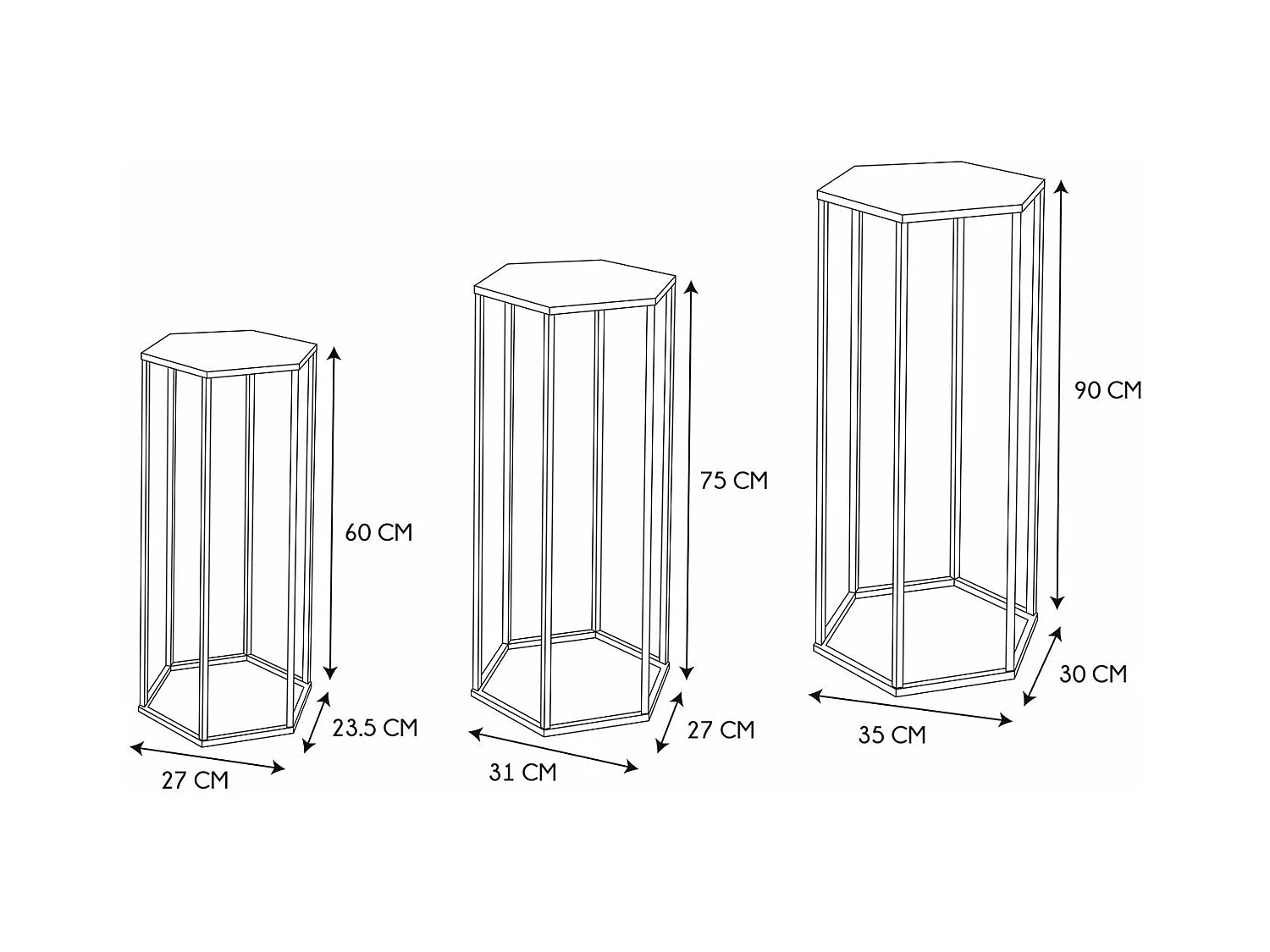 Lot de 3 Sellettes Gigognes "Métal" 90cm Noir