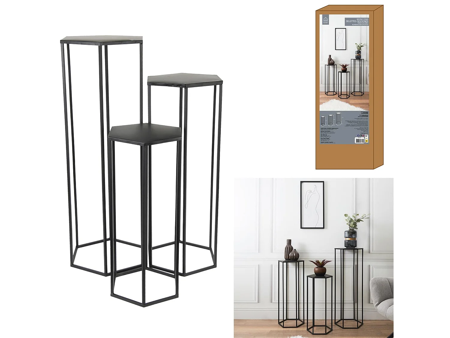 Lot de 3 Sellettes Gigognes "Métal" 90cm Noir