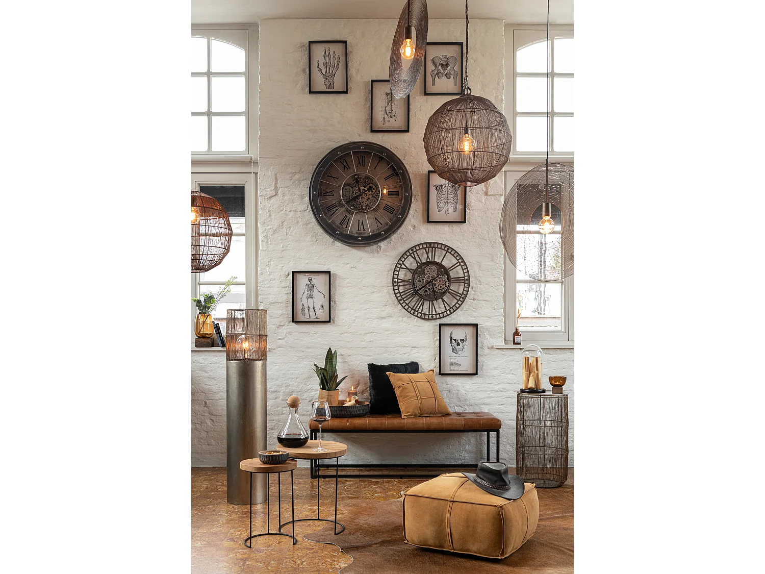 Set van 2 Gigia bruine metalen mandtafels D 40 cm/D 34,5 cm