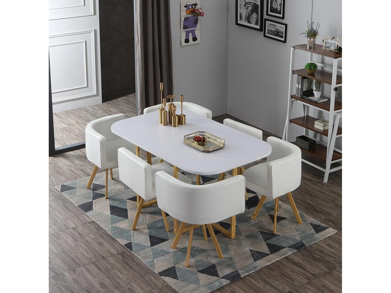 Table de Repas & 6 Chaises Design "Normi" 150cm Blanc