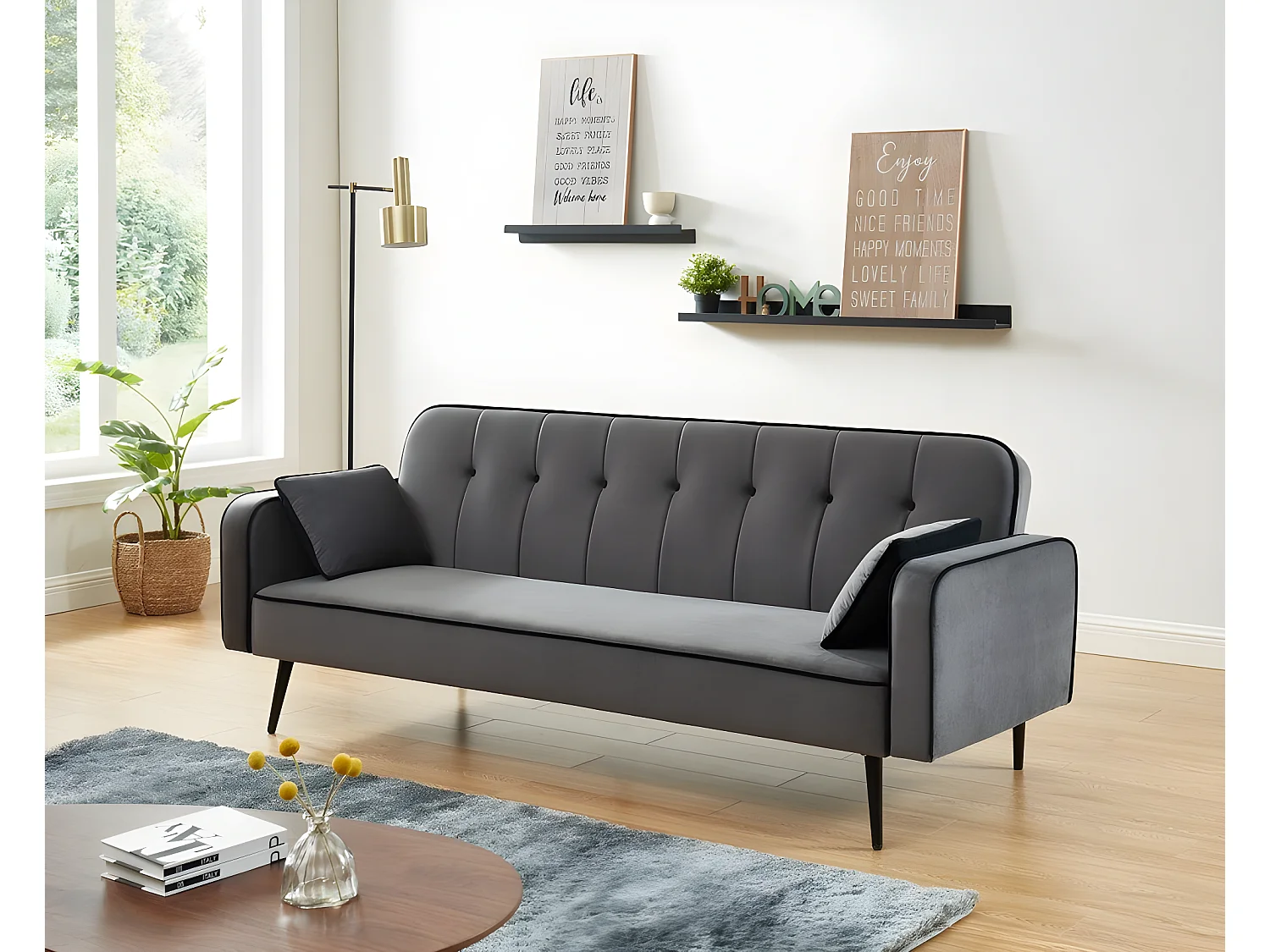 Canapé droit convertible  SWEETY en velours gris 3 places pieds métal noir et 2 coussins